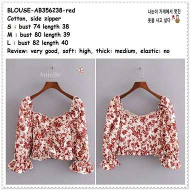 AB356238 Baju Atasan Crop Top Bunga Wanita Blouse Korea Merah Putih