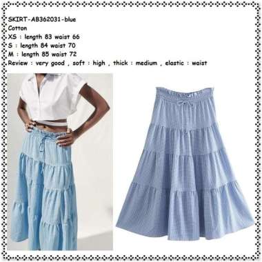 AB362031 Rok Panjang Midi Lebar Kotak Biru Putih Wanita Korea Import