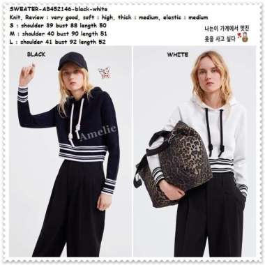 AB452146 Crop Sweater Hoodie Rajut Wanita Korea Import Hitam Putih