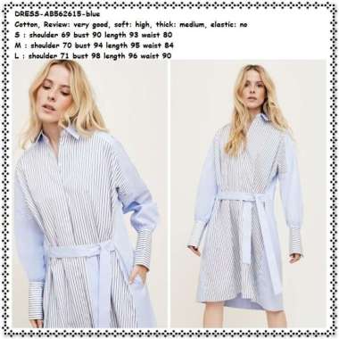 AB562615 Mini Dress Kemeja Lengan Panjang Garis Biru Blue Wanita Tunik