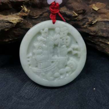 Liontin batu Giok Original Motif Kapal Layar Cina