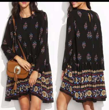 Dress Mini Wanita Casual Longgar Motif Print Bunga Hitam - L