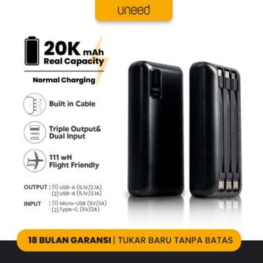 UNEED Powerbank Manabox 10000 20000 30000mAh Quick Charge 3.0 PD22.5w - Simple 10K mAh, Putih Cable 
