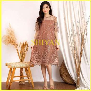 SHIYAN DRESS PESTA LIYA LD 104 BAHAN BRUKAT TILLE GLITTER GAUN BRIDESMAID PREMIUM MOCCA COKLAT TUA