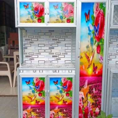 Rak Piring Aluminium Kaca 3 Pintu Motif