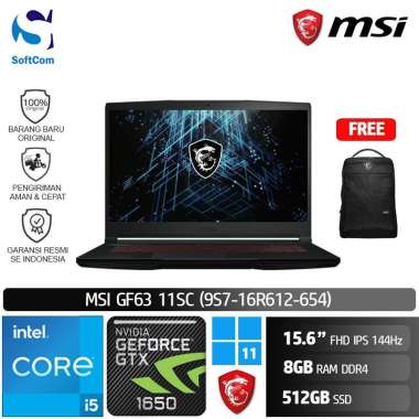 MSI GF63 11SC 654 Laptop Gaming [Core i5-11400H/8GB/512GB SSD/GTX1650 4GB/15.6″/Win 11 Home] Black