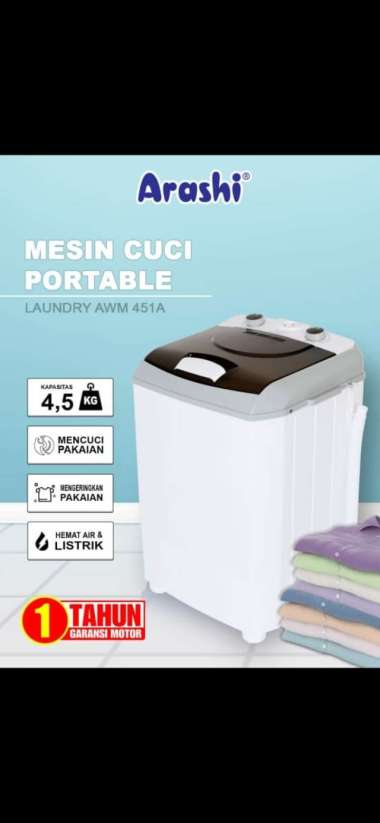 Mesin Cuci 1 Tabung 4,5 Kg Portable Top Loading Arashi AMW 451A