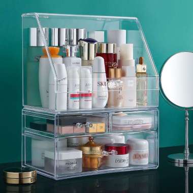 ONE-K133 Rak Kosmetik Acrylic Transparan Dengan Penutup Anti Debu Storage Box / Tempat Penyimpanan L