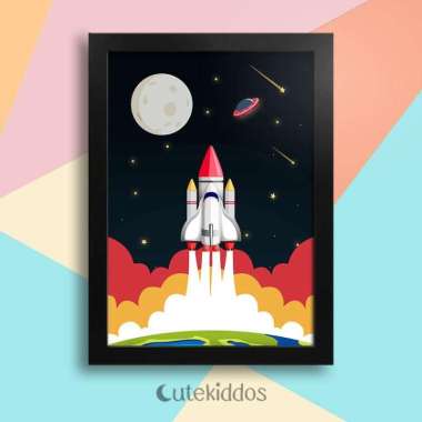 Hiasan Dinding Kamar Anak Motif Space Roket Pesawat Luar Angkasa Bingkai Hitam