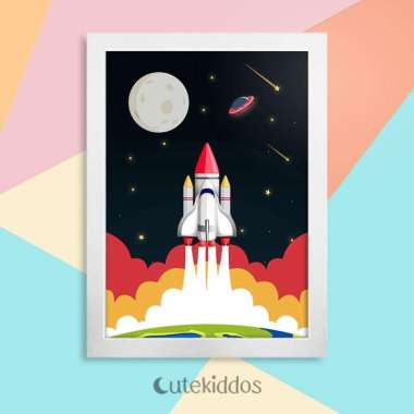 Hiasan Dinding Kamar Anak Motif Space Roket Pesawat Luar Angkasa Bingkai Putih