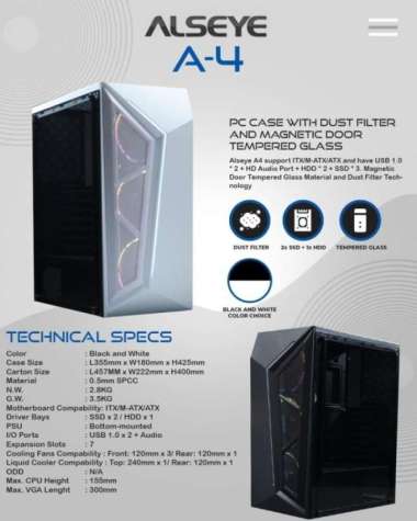 Casing PC / Komputer Alseye A4 Putih Tempered Glass