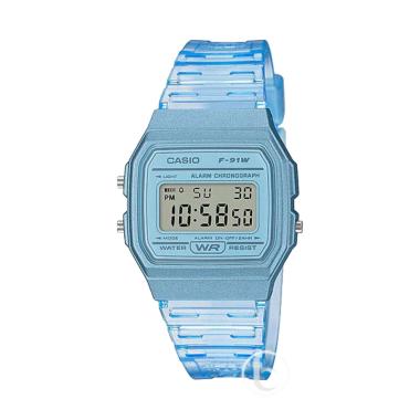 CASIO Digital Youth F91-WS Transparent Strap Jam Tangan Wanita Blue Transparent