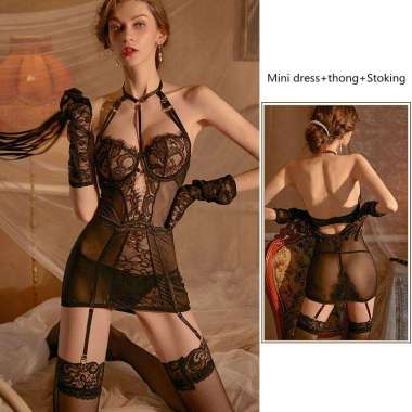 Bodysuit Suspender&Garter&Stoking transparan Mini dress Baju tidur sex Hitam L