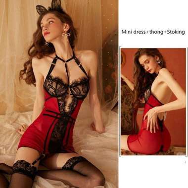 Bodysuit Suspender&Garter&Stoking transparan Mini dress Baju tidur sex Maroon L