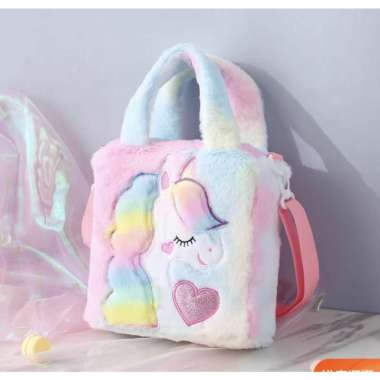 Tas Tote Sling Bag Unicorn Bludru Kado Anak Perempuan TK SD Rainbow