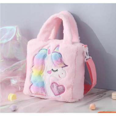 Tas Tote Sling Bag Unicorn Bludru Kado Anak Perempuan TK SD Pink