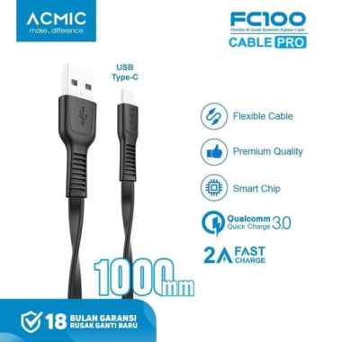 ACMIC FC100 KABEL DATA USB TYPE C FAST CHARGING CABLE FC 100 QUICK CHARGE QC 3.0 Hitam