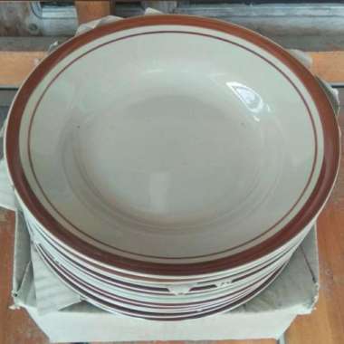Piring Lucky Keramik 8in - Piring Makan Strip Coklat per lusin