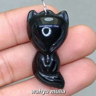 Liontin Pendant Batu Mata Dewa Ukir Rubah Kucing Asli (Kode 1416) Hitam