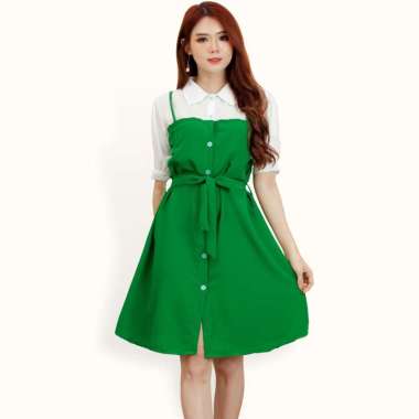 Okechuku KEYSA SS Midi Dress Tunik Lengan Pendek Wanita Gaya Korea Kombinasi Warna M-L Hijau