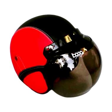 JBX Helmet Retro Klasik Kulit with Kaca Bogo - Merah Hitam
