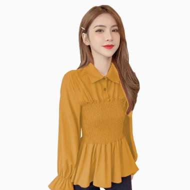 Blus Plisket lengan panjang wanita Gaya Korea variasi krah kemeja - Jfashion Maharani XL Kuning