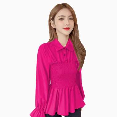 Blus Plisket lengan panjang wanita Gaya Korea variasi krah kemeja - Jfashion Maharani L Fuschia