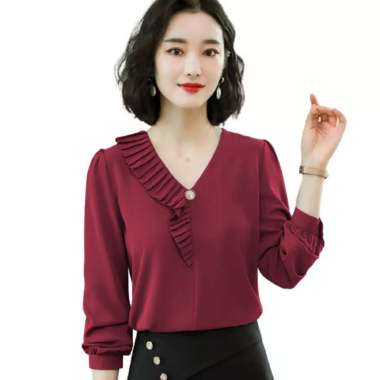 Blouse Lengan panjang Wanita Gaya Korea variasi leher Model Terbaru - Jfashion Verlin XL Maroon