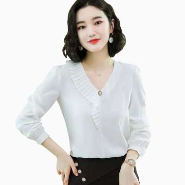 Blouse Lengan panjang Wanita Gaya Korea variasi leher Model Terbaru - Jfashion Verlin M Putih