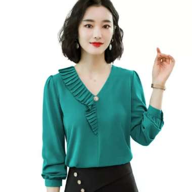 Blouse Lengan panjang Wanita Gaya Korea variasi leher Model Terbaru - Jfashion Verlin M Hijau