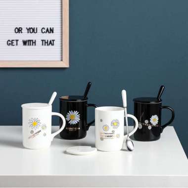 Cangkir Mug Daisy Bunga / Cangkir Keramik / Cangkir + Tutup + Sendok PUTIH