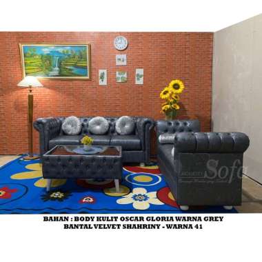 Sofa Ruang Tamu Modesty 3 Seater Chesterfield Mini + Bench Chesterfield + Meja Bungkus Chesterfield