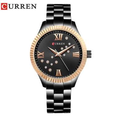 CURREN 9009 Jam Tangan Wanita Analog Stainless Steel Dial Rhinestone Hitam Rosegold