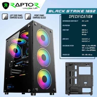 Raptor Black Strike 1652 Free 3 Fan RGB ATX Gaming Case