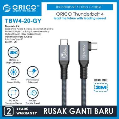ORICO Thunderbolt 4 Data L-Cable 40Gbps 8K@60Hz PD 100W 2M - TBW4-20