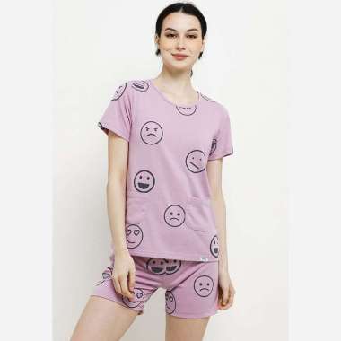 Puppy Pyjama Short Sleeve Short Pants Pocket Sleepwear Wanita Purple M