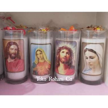 Lilin Gelas Gambar Maria/ Yesus + Doa - Lilin Gelas