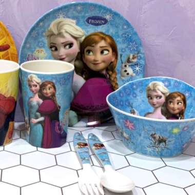 Set Peralatan Makan Melamin Bayi Anak Piring Mangkok Gelas Thomas Cars Frozen Blue