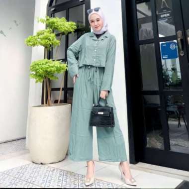 One Set Wanita Kemeja Crop Celana Kulot Rayon Premium Setelan Wanita Lengan Panjang Set Kemeja Celan