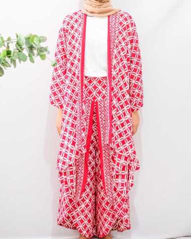 ONE SET BATIK WANITA OUTER BERLENGAN BATIK KULOT BATIK MERAH PARANG CELANA HIGHWIST PANTS CELANA PAN