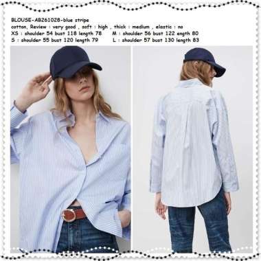 AB261028 Baju Atasan Kemeja Biru Garis Wanita Korea Import Tunik Jumbo