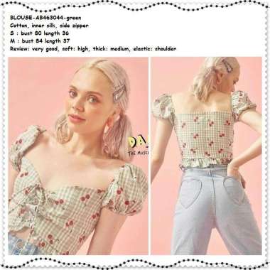 AB463044 Baju Atasan Cherry Crop Top Blouse Wanita Korea Import Green