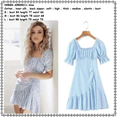 AB565211 Casual Mini Dress Pesta Wanita Korea Import Biru Putih Kotak