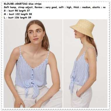 AB657262 Baju Atasan Tank Top Garis Biru Putih Wanita Blouse Korea