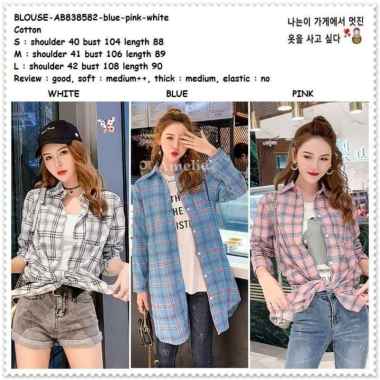 AB838582 Baju Atasan Kemeja Kotak Wanita Korea Import Putih Pink Tunik