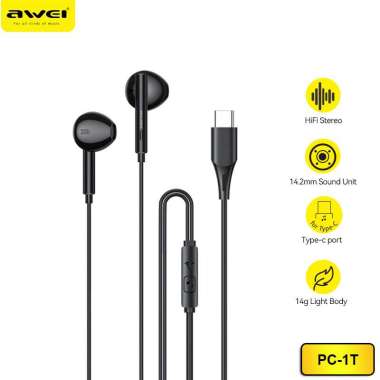 Awei Headset USB C Handsfree Earphone Type C Stereo Mic PC-1T Hitam