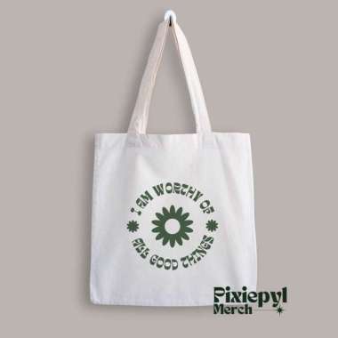 Tote Bag Aesthetic All Good Things Premium Canvas With Resleting Putih