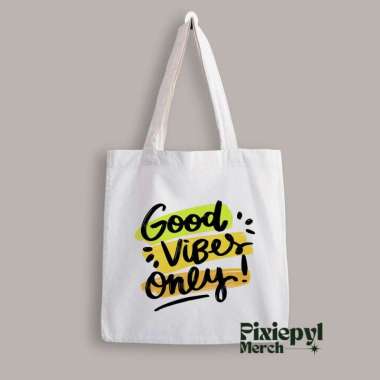 Tote Bag Aesthetic Good Vibes Premium Canvas With Resleting Putih