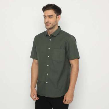 Platini Kemeja Pria Polos Lengan Pendek Katun Chambray Oxford 73317 Hijau Olive S