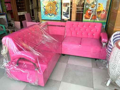 sofa L minimalis tangan stenlis + meja